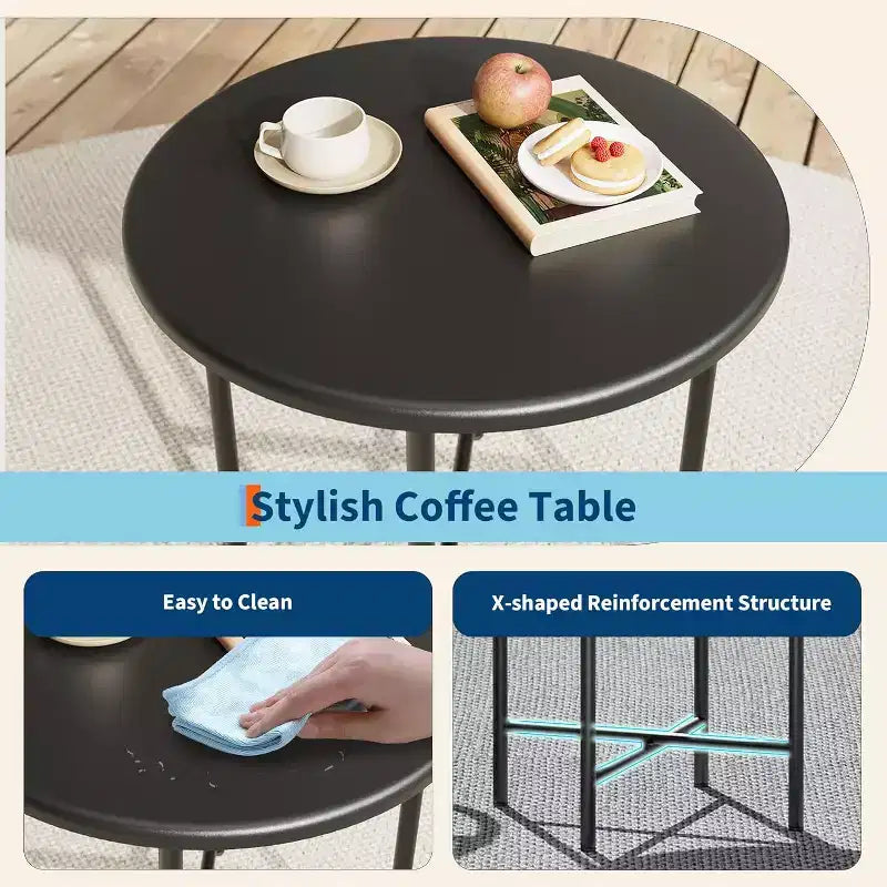 Ensemble de patio 3 pièces, chaises en osier tout temps et table ronde pour balcon, jardin, piscine, cour arrière - Noir