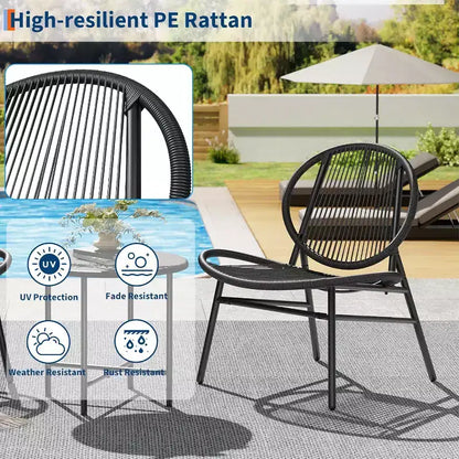 Ensemble de patio 3 pièces, chaises en osier tout temps et table ronde pour balcon, jardin, piscine, cour arrière - Noir