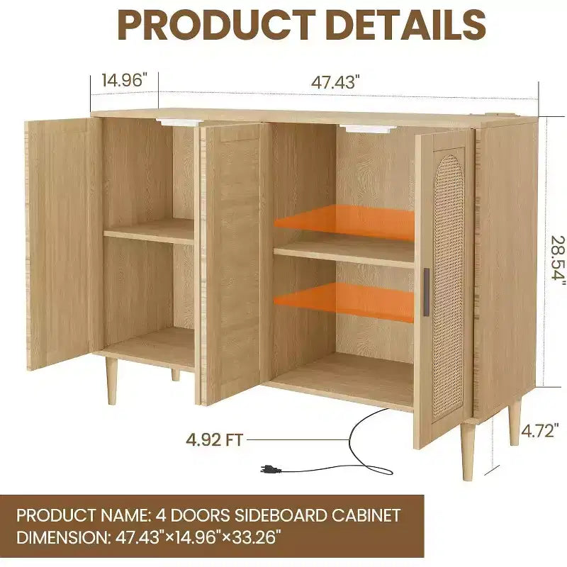 Meuble de rangement en rotin avec station de charge et bar à café - Buffet bohème à 4 portes (étagères réglables)Armoire bohème multifonctionnelle pour entrée/salle à manger