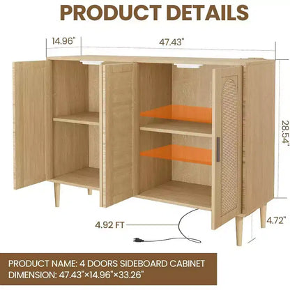 Meuble de rangement en rotin avec station de charge et bar à café - Buffet bohème à 4 portes (étagères réglables)Armoire bohème multifonctionnelle pour entrée/salle à manger