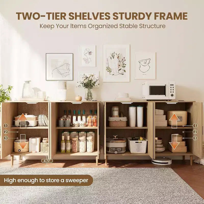 Meuble de rangement en rotin avec station de charge et bar à café - Buffet bohème à 4 portes (étagères réglables)Armoire bohème multifonctionnelle pour entrée/salle à manger