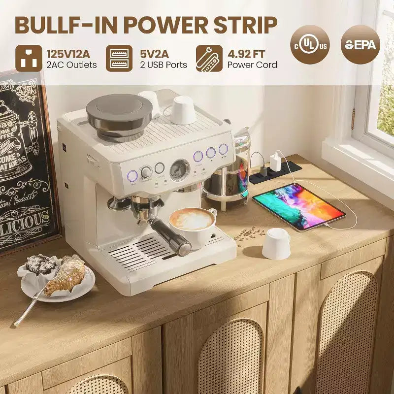 Meuble de rangement en rotin avec station de charge et bar à café - Buffet bohème à 4 portes (étagères réglables)Armoire bohème multifonctionnelle pour entrée/salle à manger