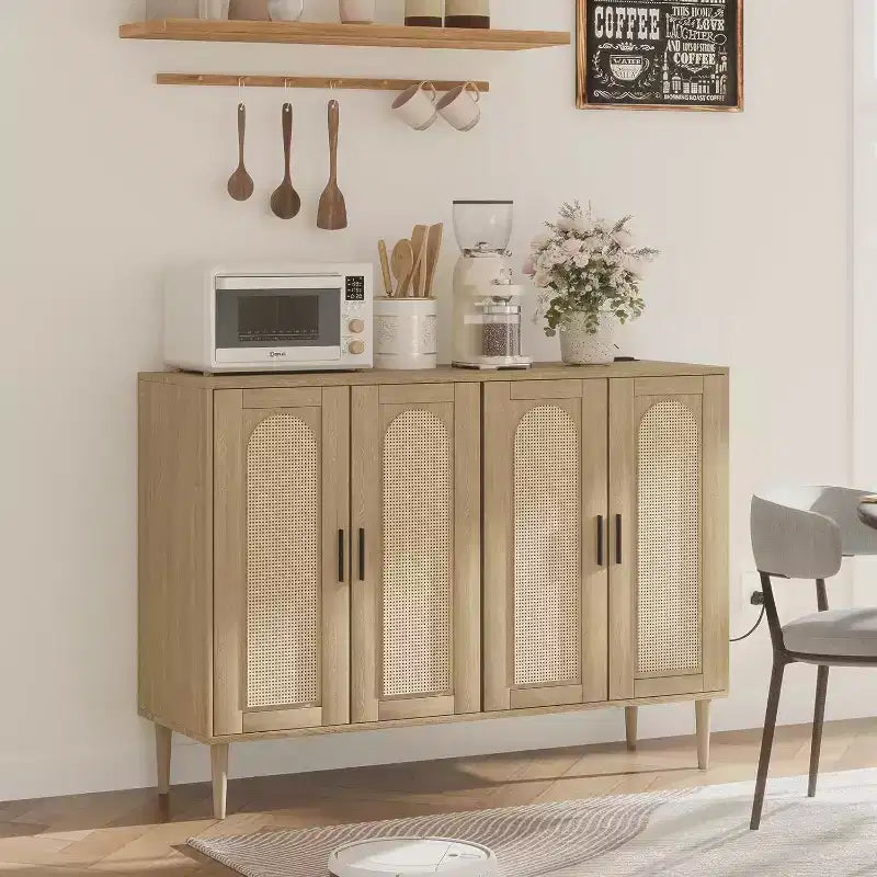 Meuble de rangement en rotin avec station de charge et bar à café - Buffet bohème à 4 portes (étagères réglables)Armoire bohème multifonctionnelle pour entrée/salle à manger