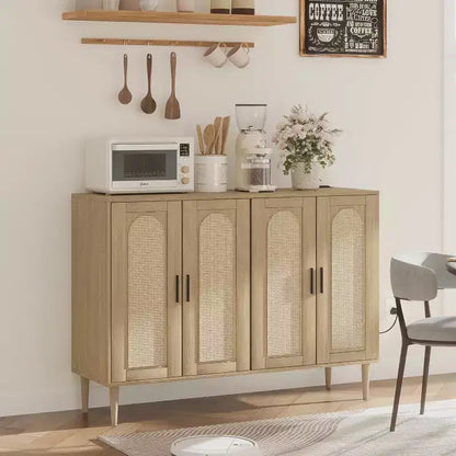 Meuble de rangement en rotin avec station de charge et bar à café - Buffet bohème à 4 portes (étagères réglables)Armoire bohème multifonctionnelle pour entrée/salle à manger
