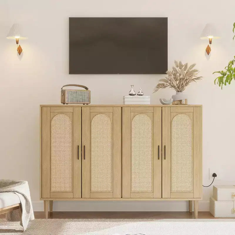 Meuble de rangement en rotin avec station de charge et bar à café - Buffet bohème à 4 portes (étagères réglables)Armoire bohème multifonctionnelle pour entrée/salle à manger