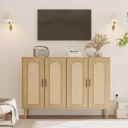 Meuble de rangement en rotin avec station de charge et bar à café - Buffet bohème à 4 portes (étagères réglables)Armoire bohème multifonctionnelle pour entrée/salle à manger