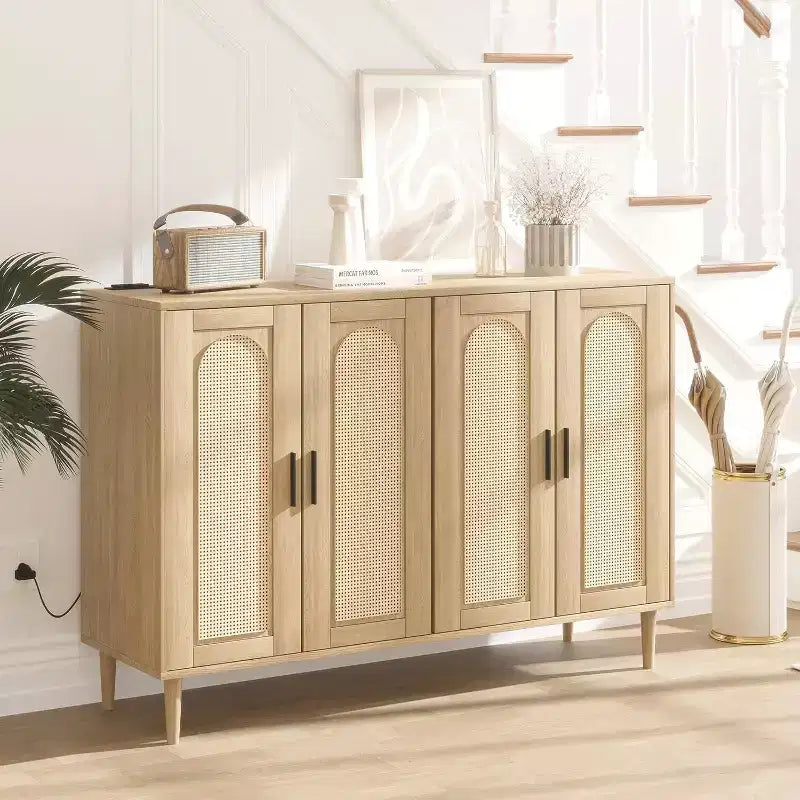 Meuble de rangement en rotin avec station de charge et bar à café - Buffet bohème à 4 portes (étagères réglables)Armoire bohème multifonctionnelle pour entrée/salle à manger