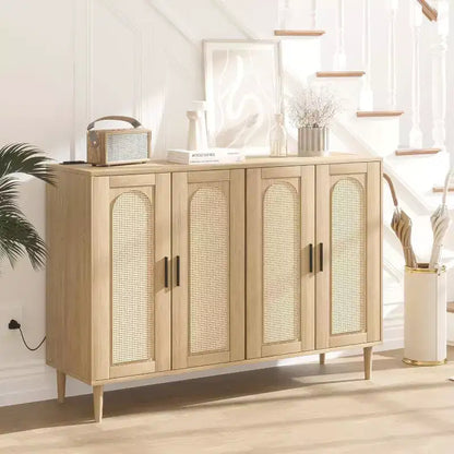 Meuble de rangement en rotin avec station de charge et bar à café - Buffet bohème à 4 portes (étagères réglables)Armoire bohème multifonctionnelle pour entrée/salle à manger