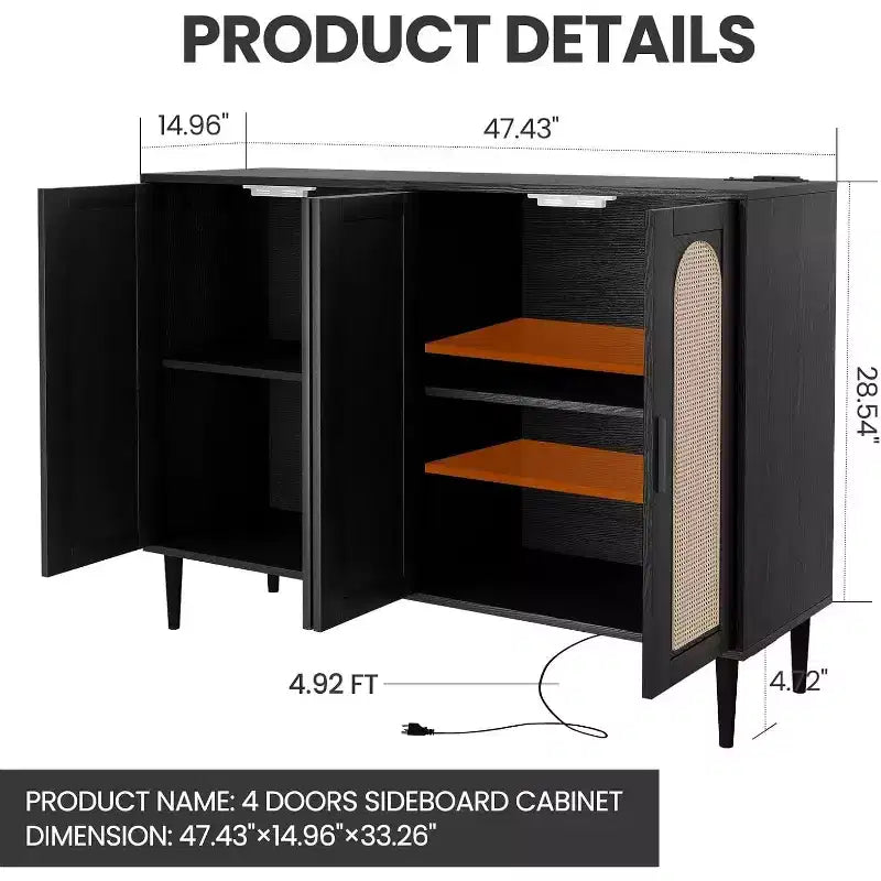 Meuble de rangement en rotin avec station de charge et bar à café - Buffet bohème à 4 portes (étagères réglables)Armoire bohème multifonctionnelle pour entrée/salle à manger