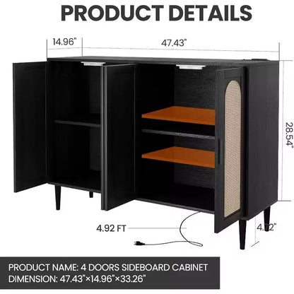Meuble de rangement en rotin avec station de charge et bar à café - Buffet bohème à 4 portes (étagères réglables)Armoire bohème multifonctionnelle pour entrée/salle à manger