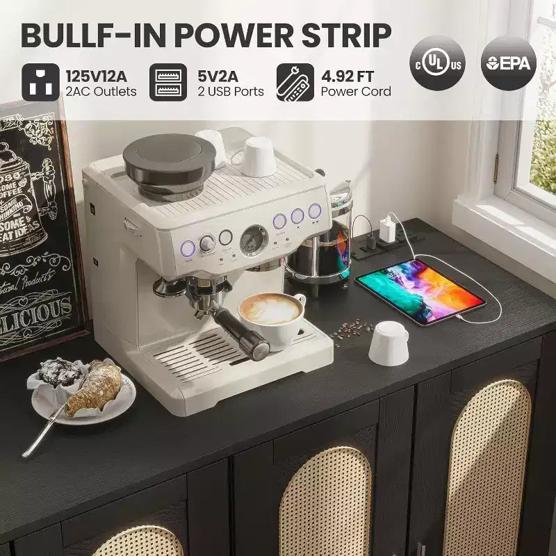 Meuble de rangement en rotin avec station de charge et bar à café - Buffet bohème à 4 portes (étagères réglables)Armoire bohème multifonctionnelle pour entrée/salle à manger