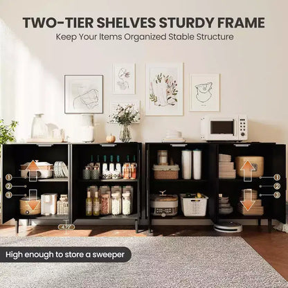 Meuble de rangement en rotin avec station de charge et bar à café - Buffet bohème à 4 portes (étagères réglables)Armoire bohème multifonctionnelle pour entrée/salle à manger