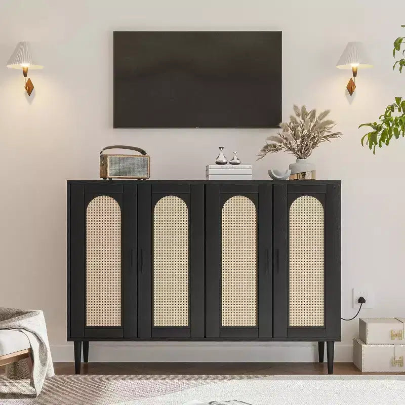 Meuble de rangement en rotin avec station de charge et bar à café - Buffet bohème à 4 portes (étagères réglables)Armoire bohème multifonctionnelle pour entrée/salle à manger