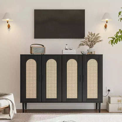 Meuble de rangement en rotin avec station de charge et bar à café - Buffet bohème à 4 portes (étagères réglables)Armoire bohème multifonctionnelle pour entrée/salle à manger