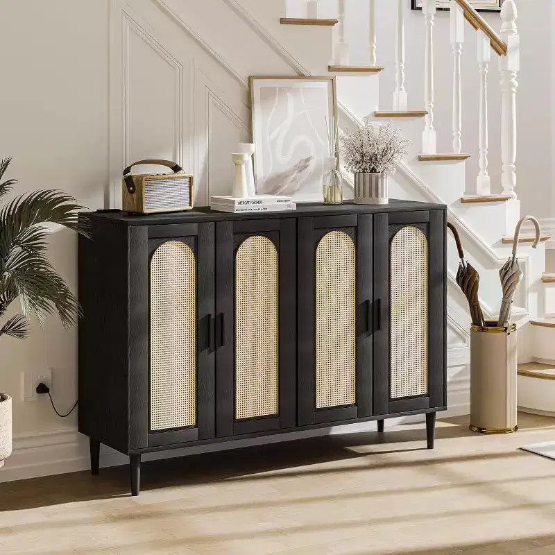 Meuble de rangement en rotin avec station de charge et bar à café - Buffet bohème à 4 portes (étagères réglables)Armoire bohème multifonctionnelle pour entrée/salle à manger