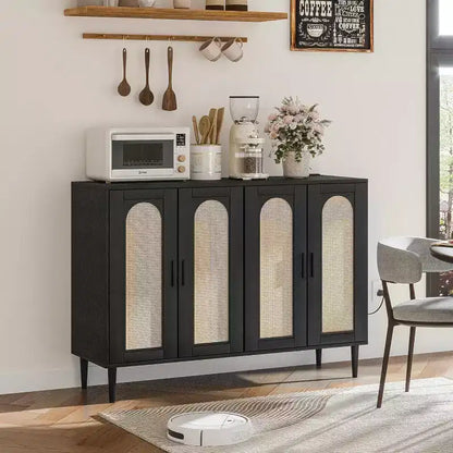 Meuble de rangement en rotin avec station de charge et bar à café - Buffet bohème à 4 portes (étagères réglables)Armoire bohème multifonctionnelle pour entrée/salle à manger