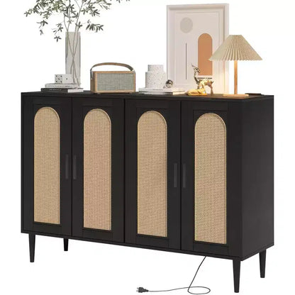 Meuble de rangement en rotin avec station de charge et bar à café - Buffet bohème à 4 portes (étagères réglables)Armoire bohème multifonctionnelle pour entrée/salle à manger