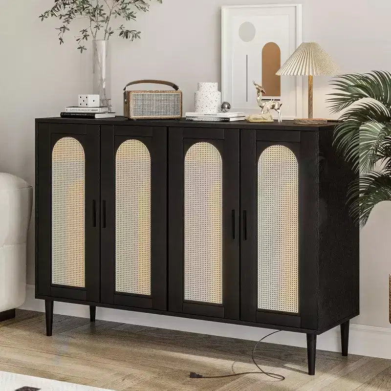 Rattan Storage Cabinet w/ Charging & Coffee Bar - 4-Door Boho Sideboard (Adjustable Shelves)Multi-Functional Boho Cupboard for Entryway/Dining