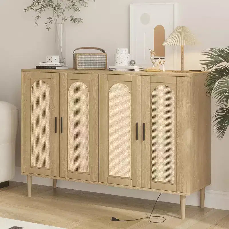 Meuble de rangement en rotin avec station de charge et bar à café - Buffet bohème à 4 portes (étagères réglables)Armoire bohème multifonctionnelle pour entrée/salle à manger