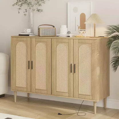Meuble de rangement en rotin avec station de charge et bar à café - Buffet bohème à 4 portes (étagères réglables)Armoire bohème multifonctionnelle pour entrée/salle à manger