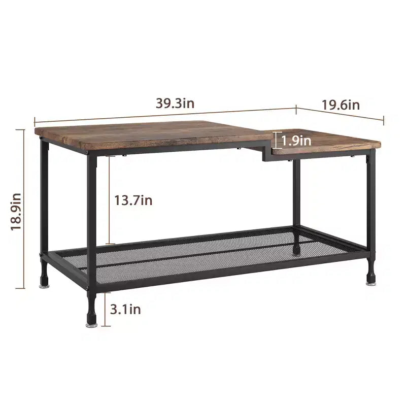 Table basse, table basse rustique à deux niveaux avec étagère grillagée, table de salon de style industriel, table de cocktail avec pieds réglables
