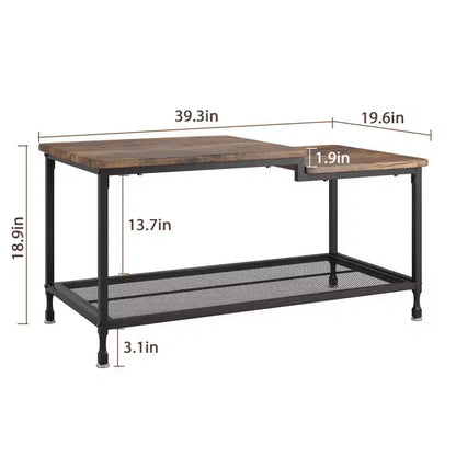 Table basse, table basse rustique à deux niveaux avec étagère grillagée, table de salon de style industriel, table de cocktail avec pieds réglables