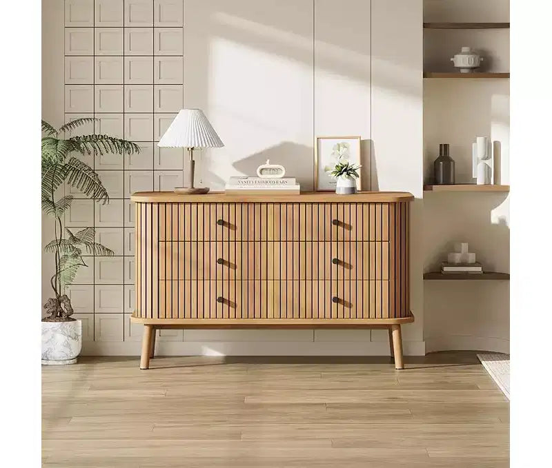 3 Drawer Dresser, Chest of Drawers for Bedroom, Spacious Storage Wicker Dresser with Matte Black Handles and Wood Legs for Closet, Hallway, Nature
