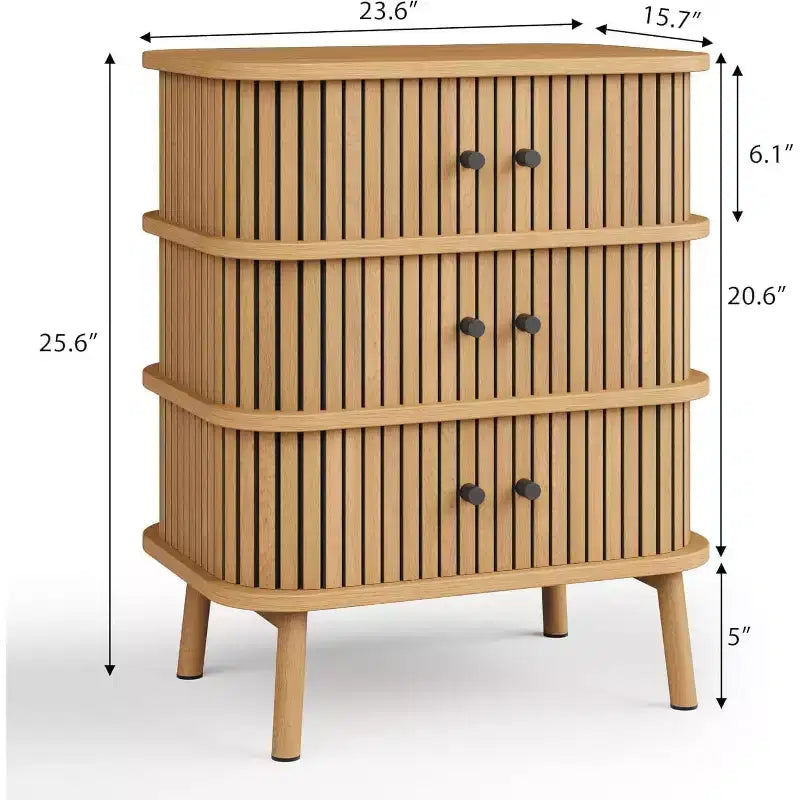 Commode 3 Tiroirs pour Chambre à Coucher, Commode de Rangement Spacieuse en Rotin avec Poignées Noir Mat et Pieds en Bois pour Placard, Couloir, Naturel