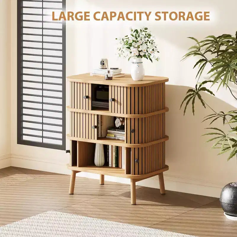 Commode 3 Tiroirs pour Chambre à Coucher, Commode de Rangement Spacieuse en Rotin avec Poignées Noir Mat et Pieds en Bois pour Placard, Couloir, Naturel