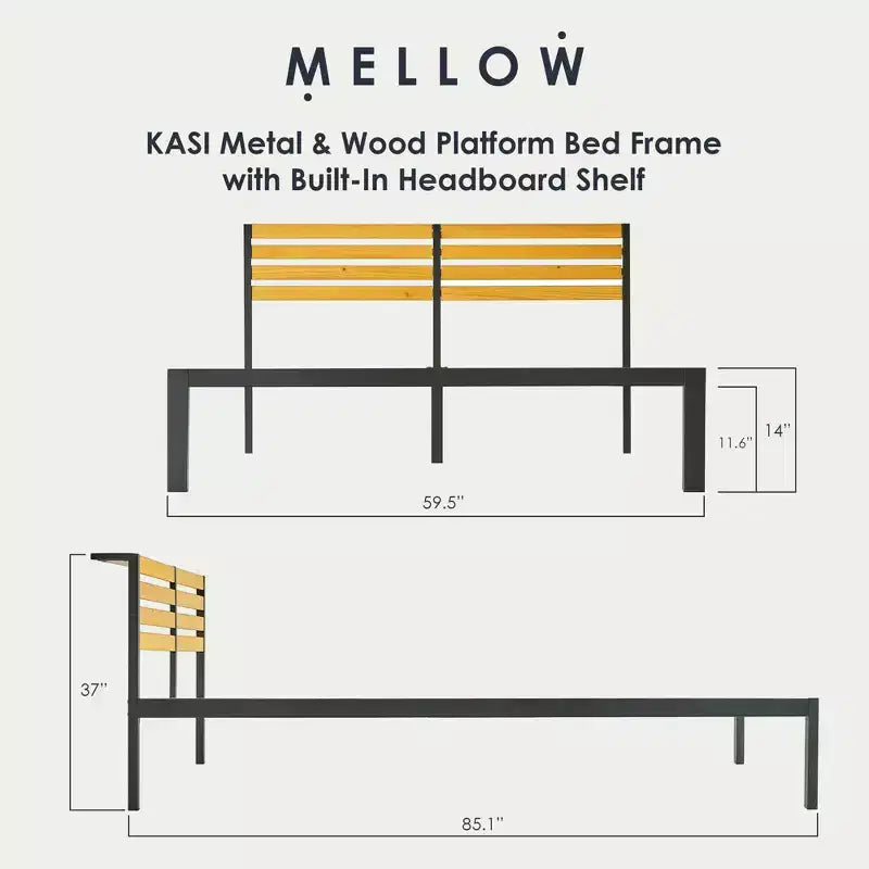 Cadre de lit plateforme Mellow KASI en métal et bois avec étagère de tête de lit intégrée