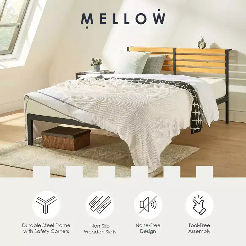 Cadre de lit plateforme Mellow KASI en métal et bois avec étagère de tête de lit intégrée