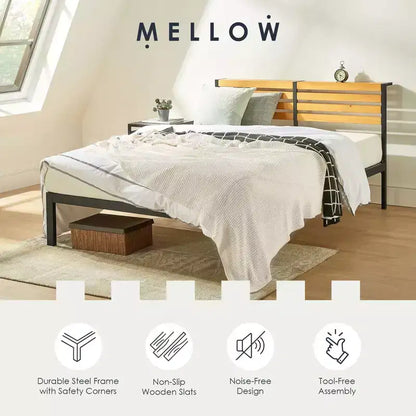 Cadre de lit plateforme Mellow KASI en métal et bois avec étagère de tête de lit intégrée