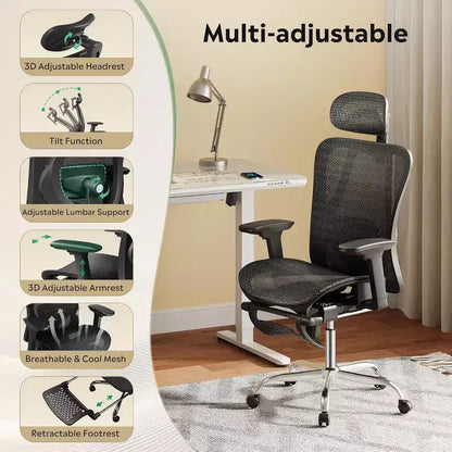 GALAXHERO Ergonomic Mesh Office Chair High Back Reclining Desk Chair with Retractable Footrest & Adjustable Lumbar Support Tilt Function Black