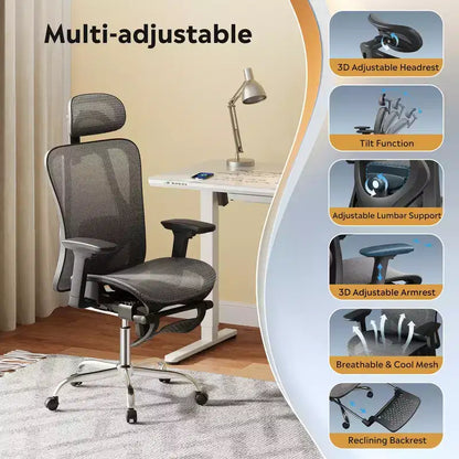 GALAXHERO Ergonomic Mesh Office Chair High Back Reclining Desk Chair with Retractable Footrest & Adjustable Lumbar Support Tilt Function Black