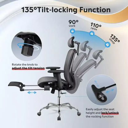 GALAXHERO Ergonomic Mesh Office Chair High Back Reclining Desk Chair with Retractable Footrest & Adjustable Lumbar Support Tilt Function Black