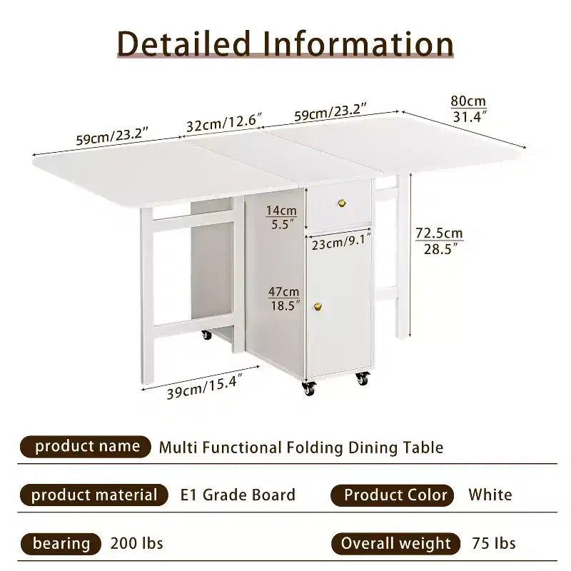 ATJafurn 59'' Folding Table No Assembly Required, Rectangular Wooden Extendable Dinning Table With Wheels And Storage