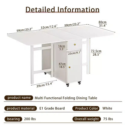 ATJafurn 59'' Folding Table No Assembly Required, Rectangular Wooden Extendable Dinning Table With Wheels And Storage