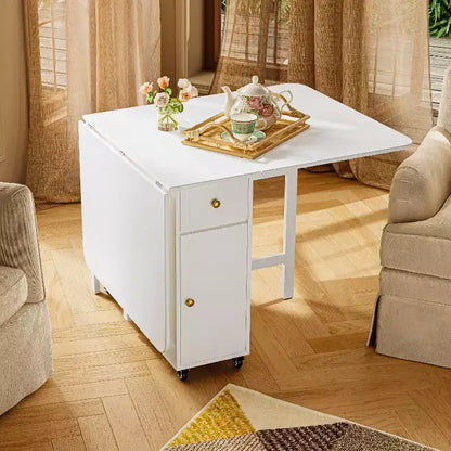ATJafurn 59'' Folding Table No Assembly Required, Rectangular Wooden Extendable Dinning Table With Wheels And Storage