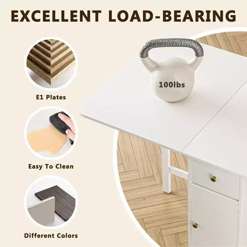 ATJafurn 59'' Folding Table No Assembly Required, Rectangular Wooden Extendable Dinning Table With Wheels And Storage