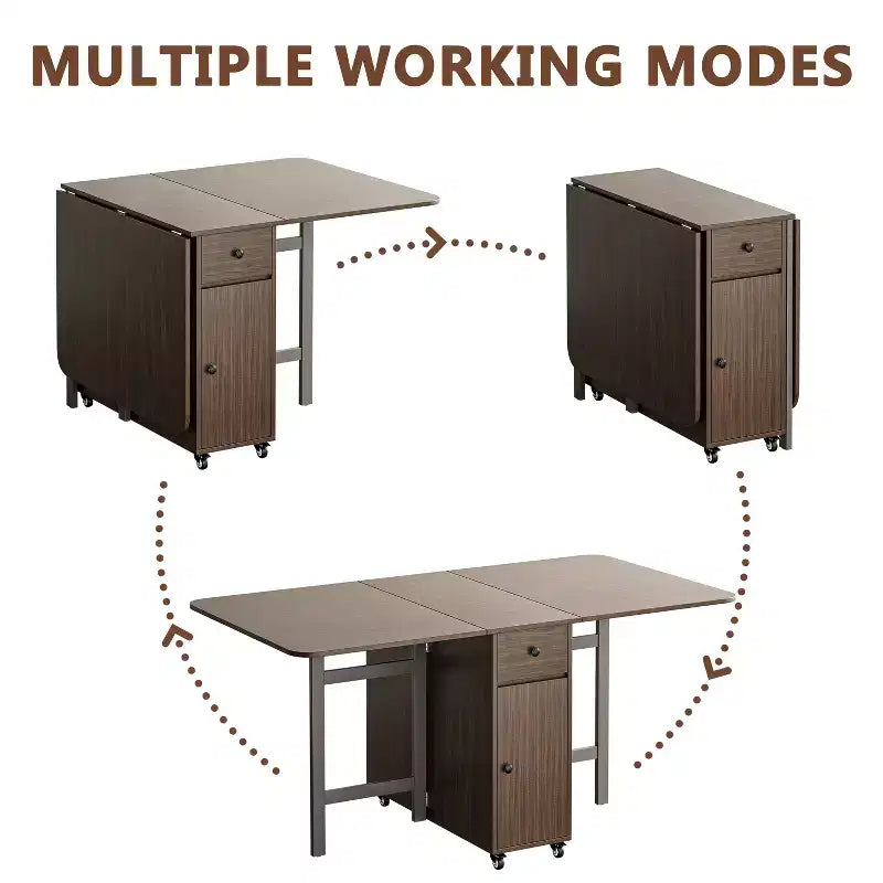 ATJafurn 59'' Folding Table No Assembly Required, Rectangular Wooden Extendable Dinning Table With Wheels And Storage