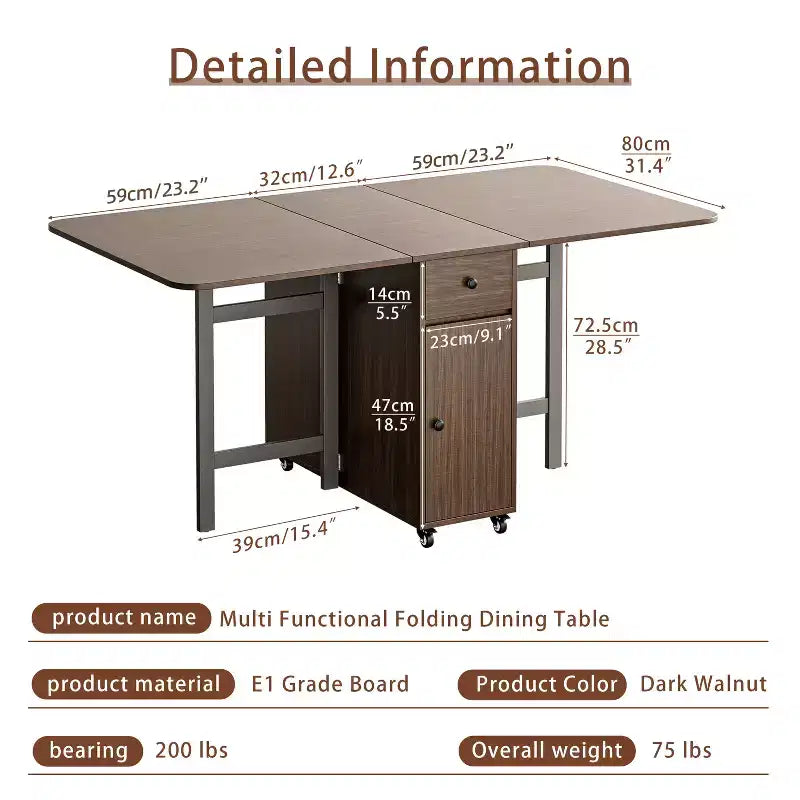 ATJafurn 59'' Folding Table No Assembly Required, Rectangular Wooden Extendable Dinning Table With Wheels And Storage