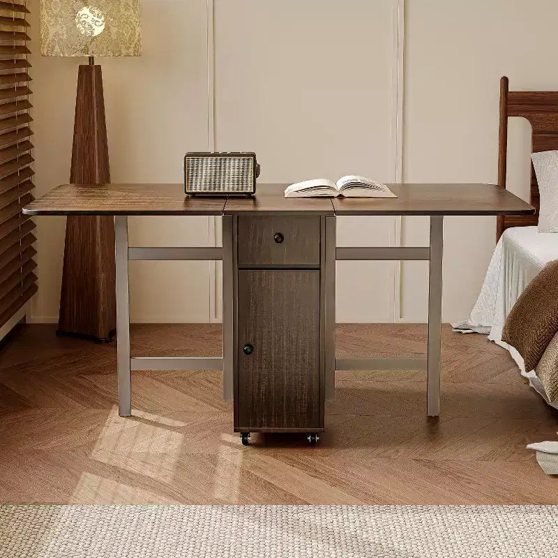 ATJafurn 59'' Folding Table No Assembly Required, Rectangular Wooden Extendable Dinning Table With Wheels And Storage