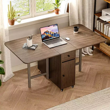 ATJafurn 59'' Folding Table No Assembly Required, Rectangular Wooden Extendable Dinning Table With Wheels And Storage
