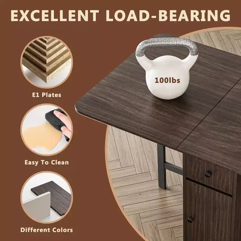 ATJafurn 59'' Folding Table No Assembly Required, Rectangular Wooden Extendable Dinning Table With Wheels And Storage
