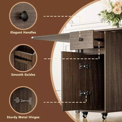 ATJafurn 59'' Folding Table No Assembly Required, Rectangular Wooden Extendable Dinning Table With Wheels And Storage
