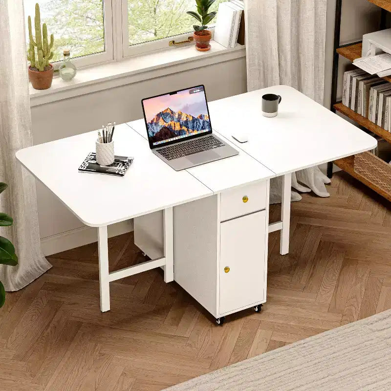 ATJafurn 59'' Folding Table No Assembly Required, Rectangular Wooden Extendable Dinning Table With Wheels And Storage