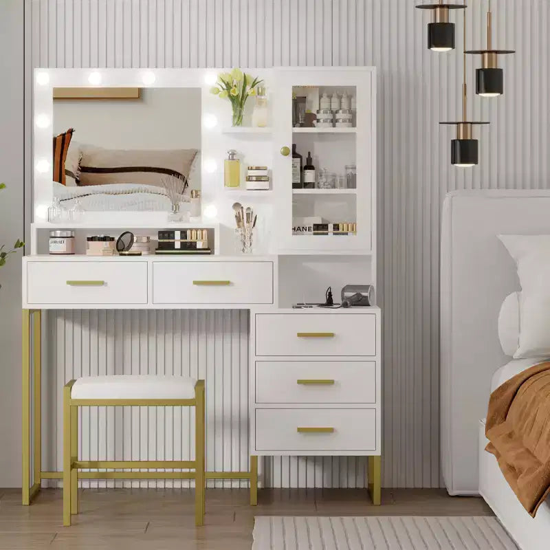 Coiffeuse avec tabouret, station de recharge, bureau de maquillage avec miroir et lumières, ensemble de coiffeuse avec tiroirs de rangement et étagères, table de maquillage