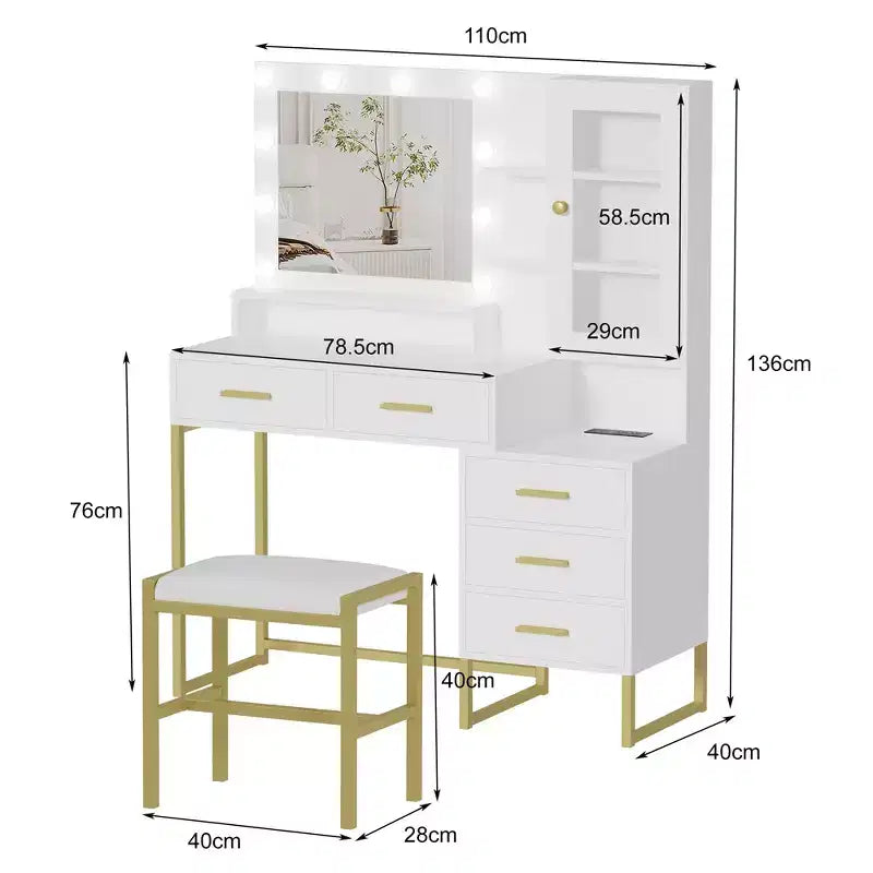 Coiffeuse avec tabouret, station de recharge, bureau de maquillage avec miroir et lumières, ensemble de coiffeuse avec tiroirs de rangement et étagères, table de maquillage