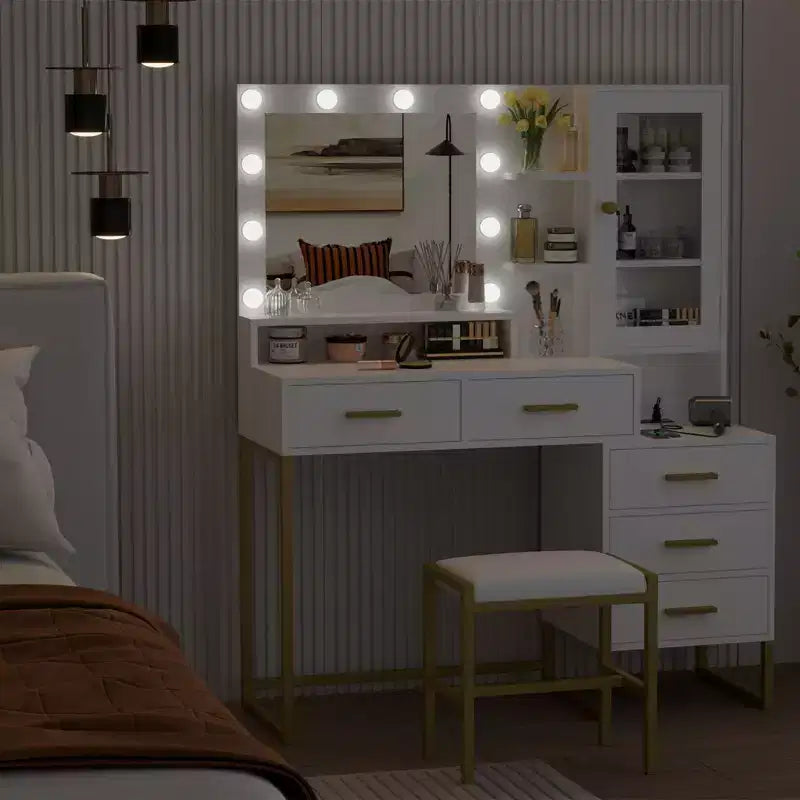 Coiffeuse avec tabouret, station de recharge, bureau de maquillage avec miroir et lumières, ensemble de coiffeuse avec tiroirs de rangement et étagères, table de maquillage