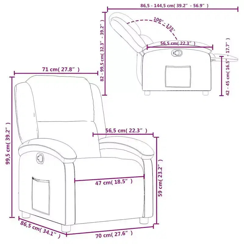 Fauteuil inclinable manuel VidaXL avec dossier/repose-pieds réglable, canapé inclinable en similicuir gris pour un confort optimal